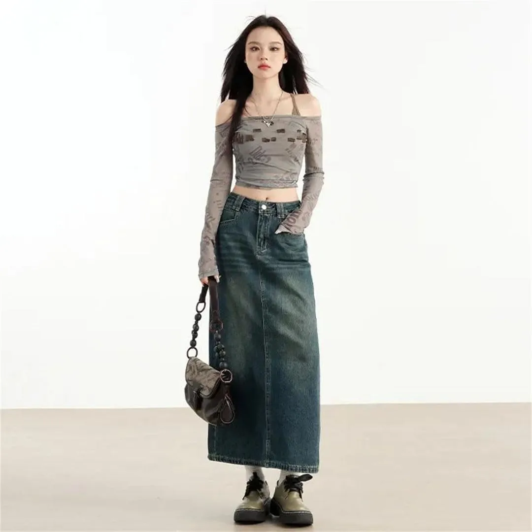 Women Denim Skirt High-Waisted Bodycon Style A- Line Straight-Leg Medium-Length Half Skirt