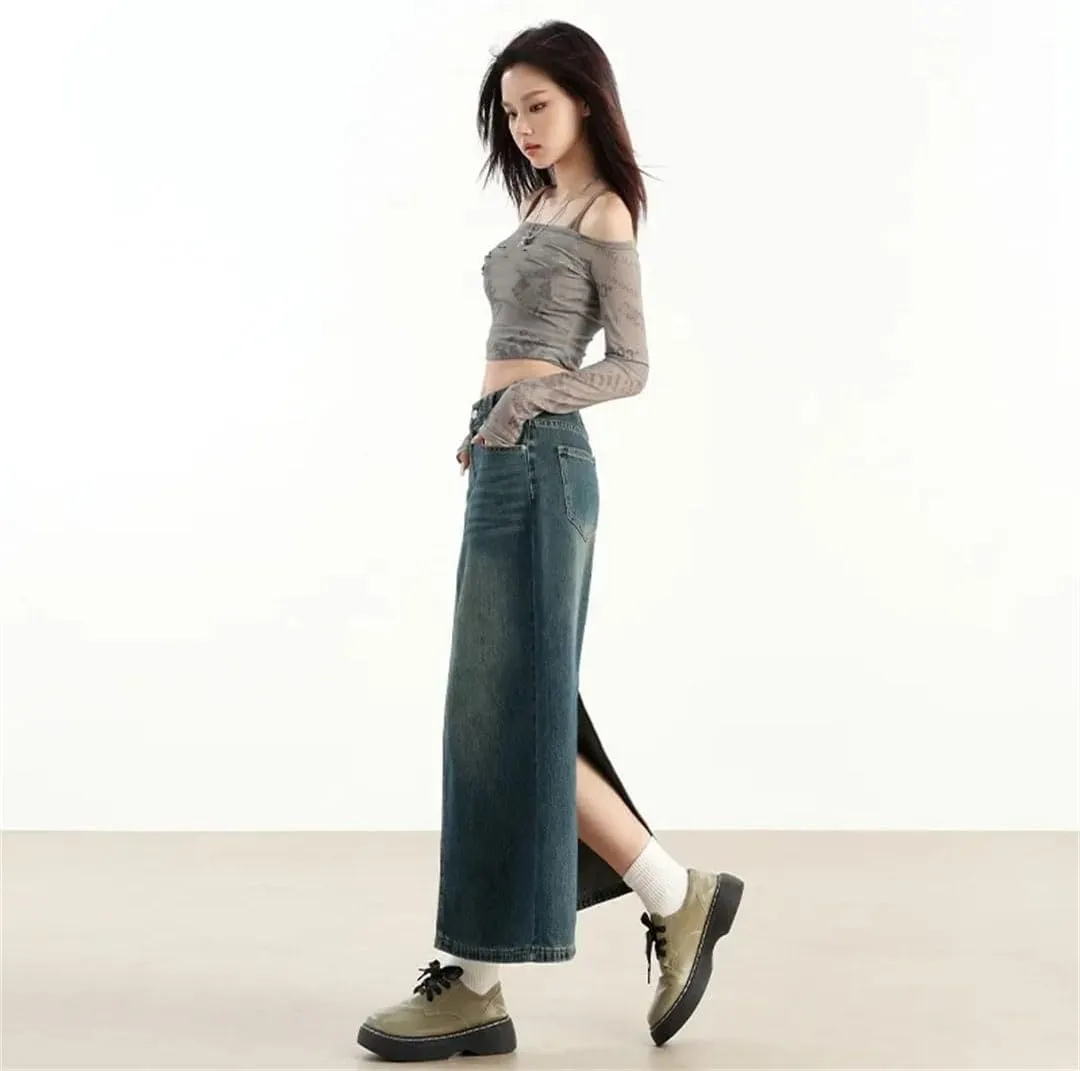 Women Denim Skirt High-Waisted Bodycon Style A- Line Straight-Leg Medium-Length Half Skirt