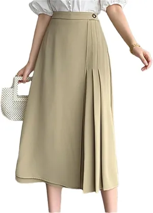 Women Elegant Pleated A-Line Skirts for Office High Waist Mid Length Casual Skirts Light Khaki XL
