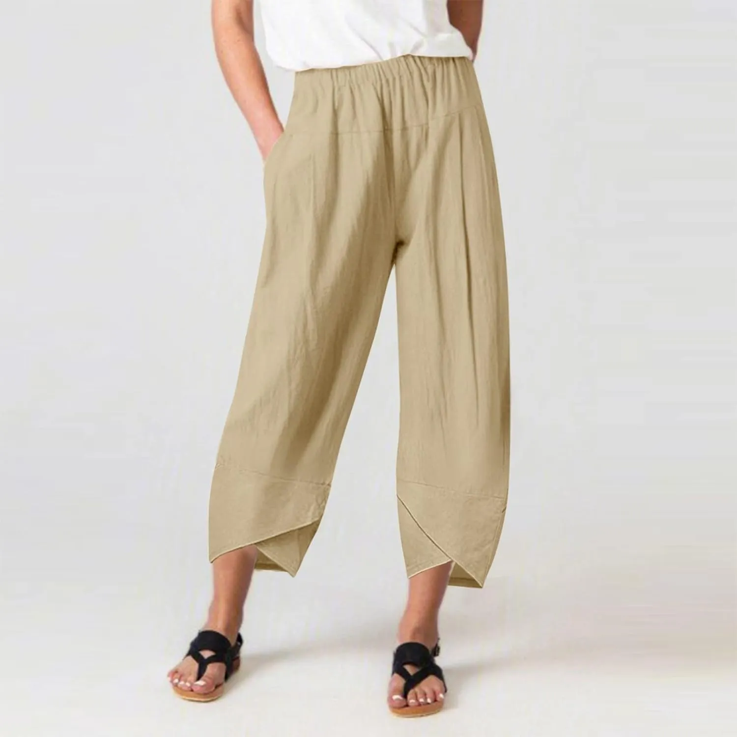 Women Linen Blend Summer Floral Palazzo Lounge Pants Elastic Waist Long Lounge Plus Size Trouser Work Business