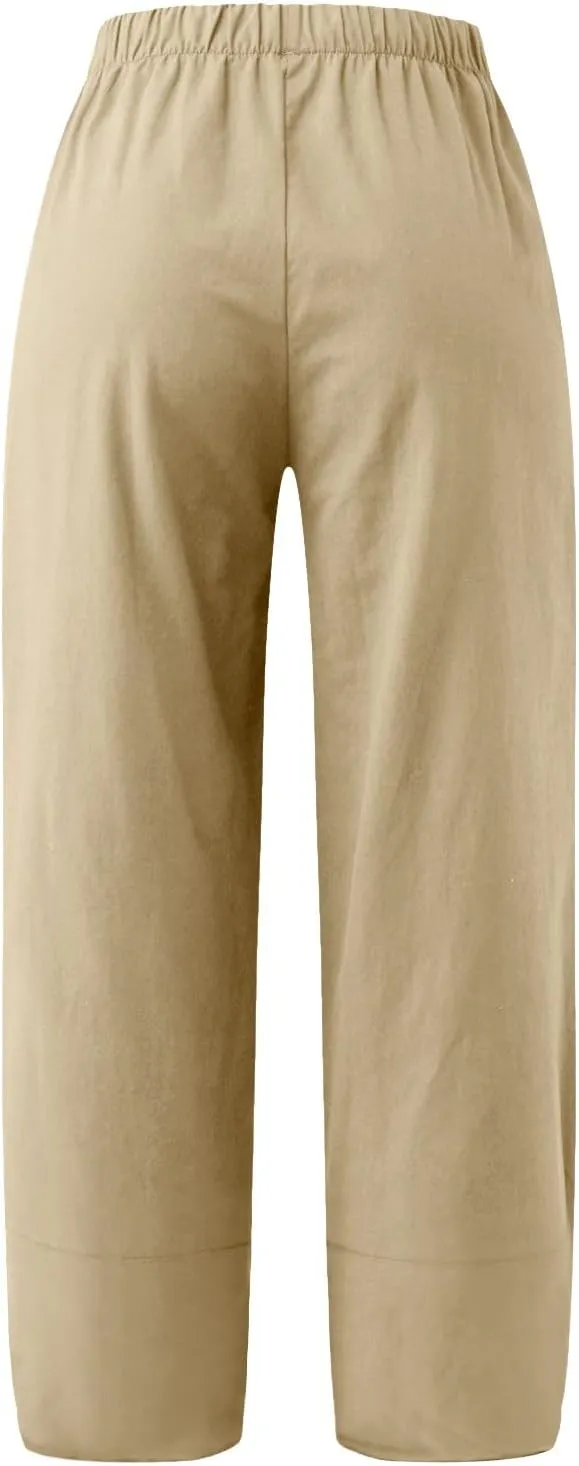 Women Linen Blend Summer Floral Palazzo Lounge Pants Elastic Waist Long Lounge Plus Size Trouser Work Business