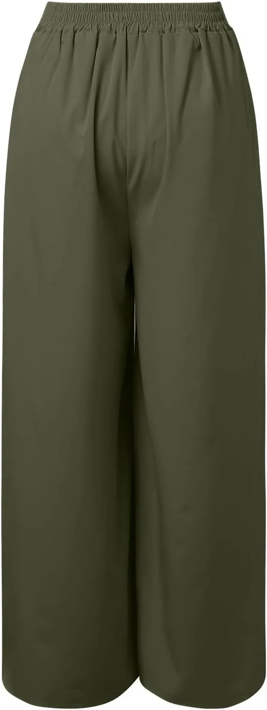 Women Linen Blend Summer Floral Palazzo Lounge Pants Elastic Waist Long Lounge Plus Size Trouser Work Business