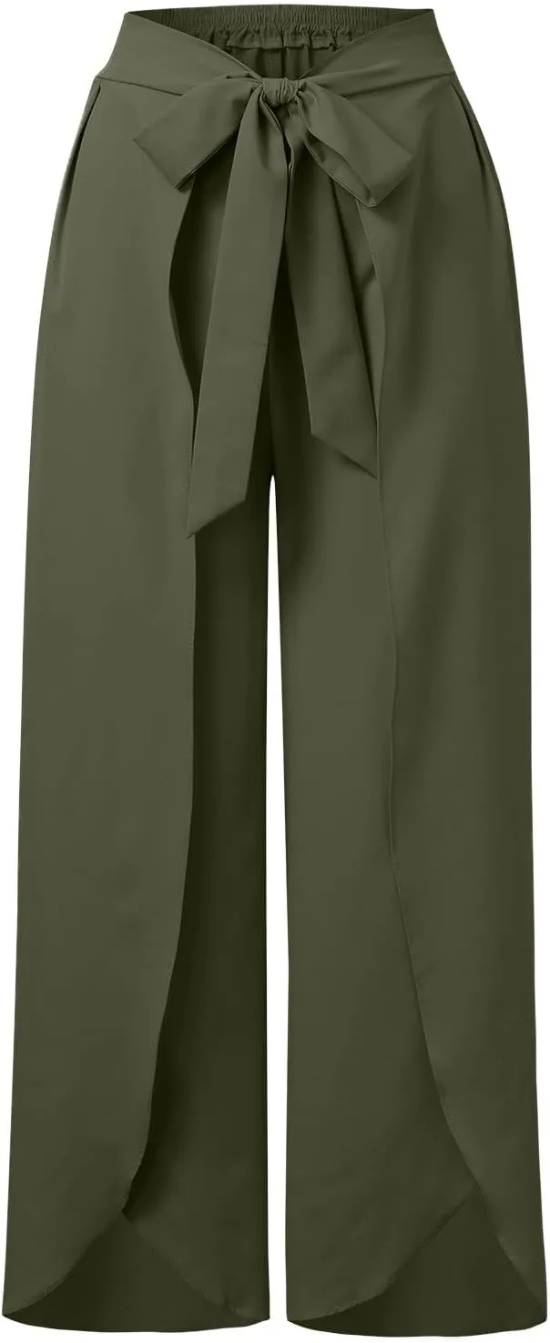 Women Linen Blend Summer Floral Palazzo Lounge Pants Elastic Waist Long Lounge Plus Size Trouser Work Business