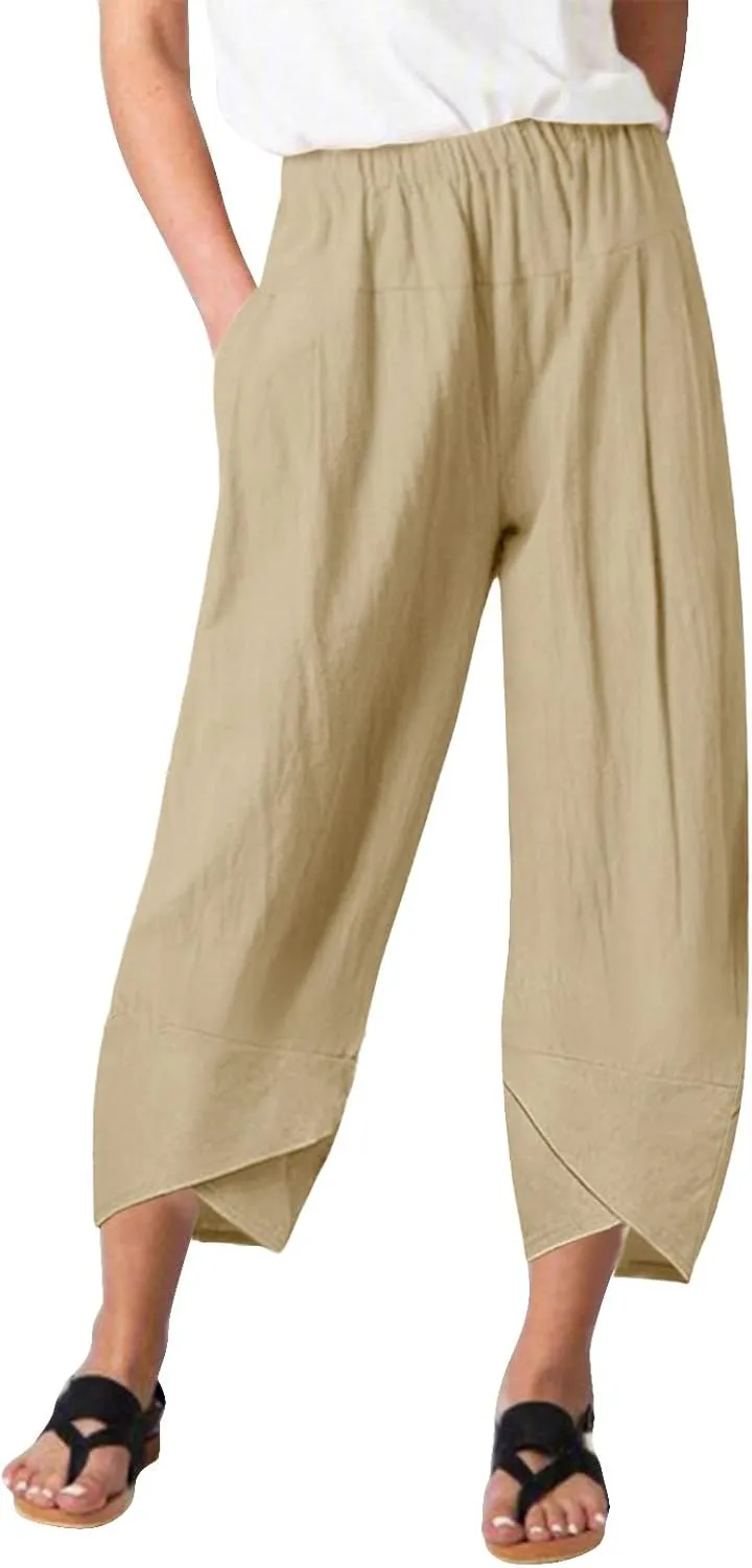 Women Linen Blend Summer Floral Palazzo Lounge Pants Elastic Waist Long Lounge Plus Size Trouser Work Business