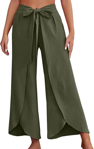 Women Linen Blend Summer Floral Palazzo Lounge Pants Elastic Waist Long Lounge Plus Size Trouser Work Business