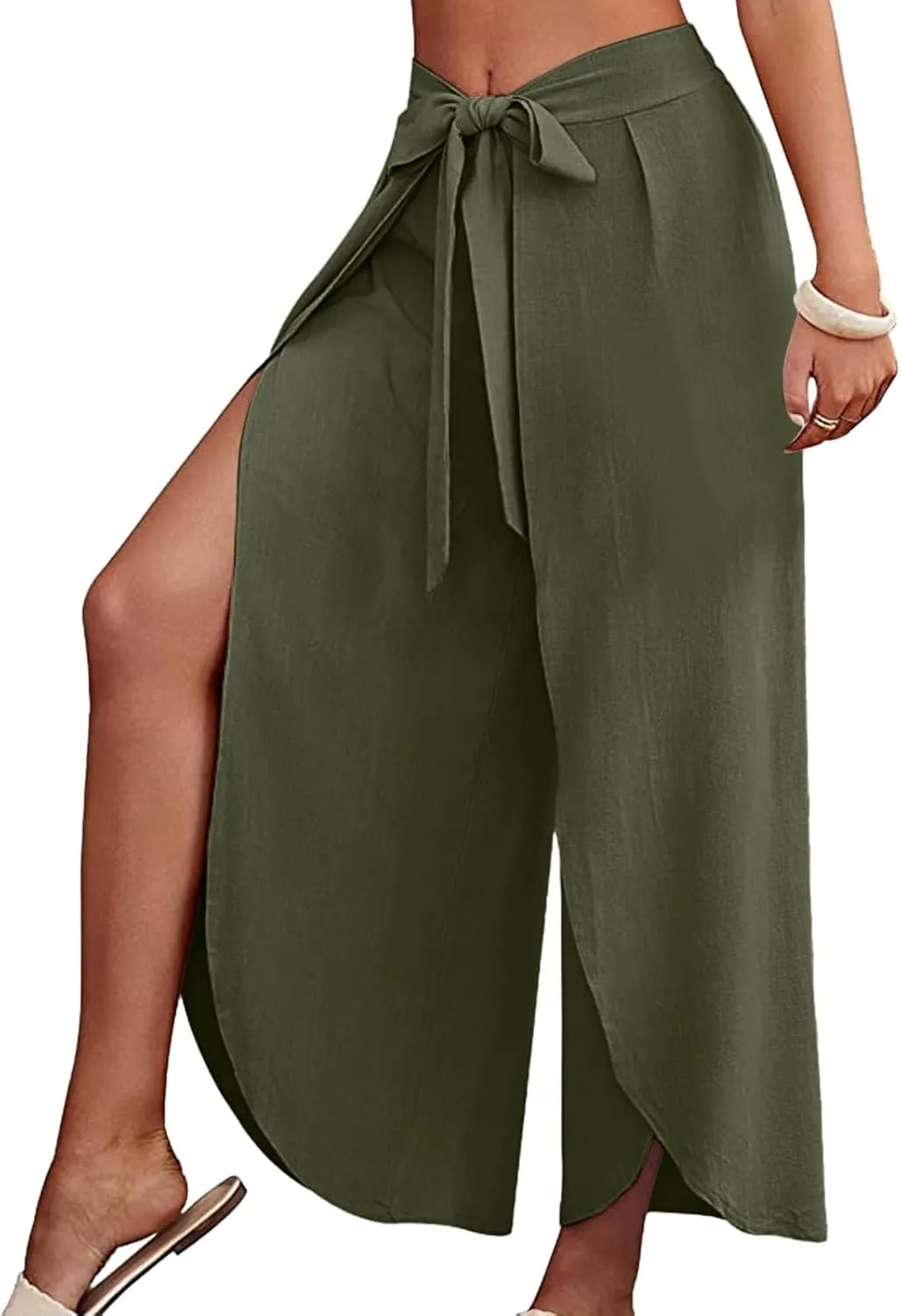 Women Linen Blend Summer Floral Palazzo Lounge Pants Elastic Waist Long Lounge Plus Size Trouser Work Business
