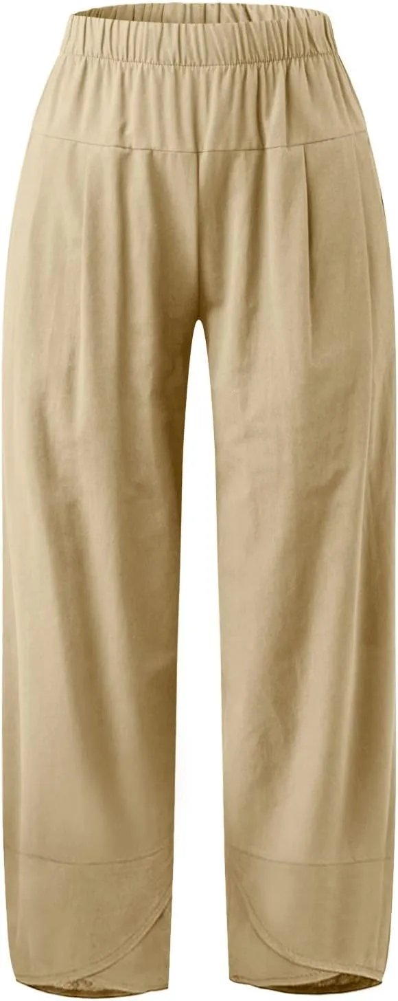 Women Linen Blend Summer Floral Palazzo Lounge Pants Elastic Waist Long Lounge Plus Size Trouser Work Business