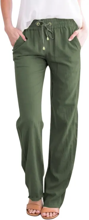 Women Linen Blend Summer Floral Palazzo Lounge Pants Low Waist Wide Leg Slim-Fit Palazzo Lounge Pants Vacation