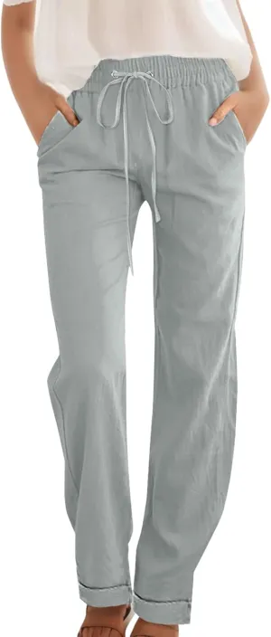 Women Linen Blend Summer Tie Knot Pant Trousers Elastic Waisted Lounge Pants Slim Fit Palazzo Pants Work Business
