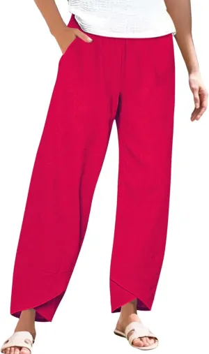 Women Linen Pants 2025 Summer Casual Capri Pants Plus Size Lightweight High Waist Baggy Palazzo Trousers with Pockets