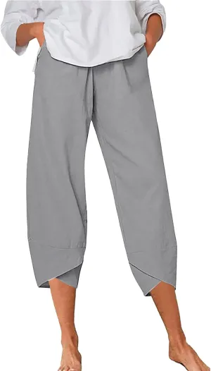 Women Linen Summer Y2K Fashion Palazzo Lounge Pants Elastic Waist Stretchy Loose Fit Trouser Business Work