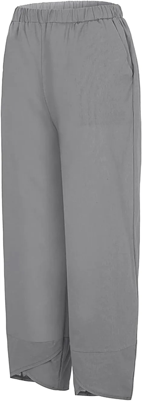 Women Linen Summer Y2K Fashion Palazzo Lounge Pants Elastic Waist Stretchy Loose Fit Trouser Business Work