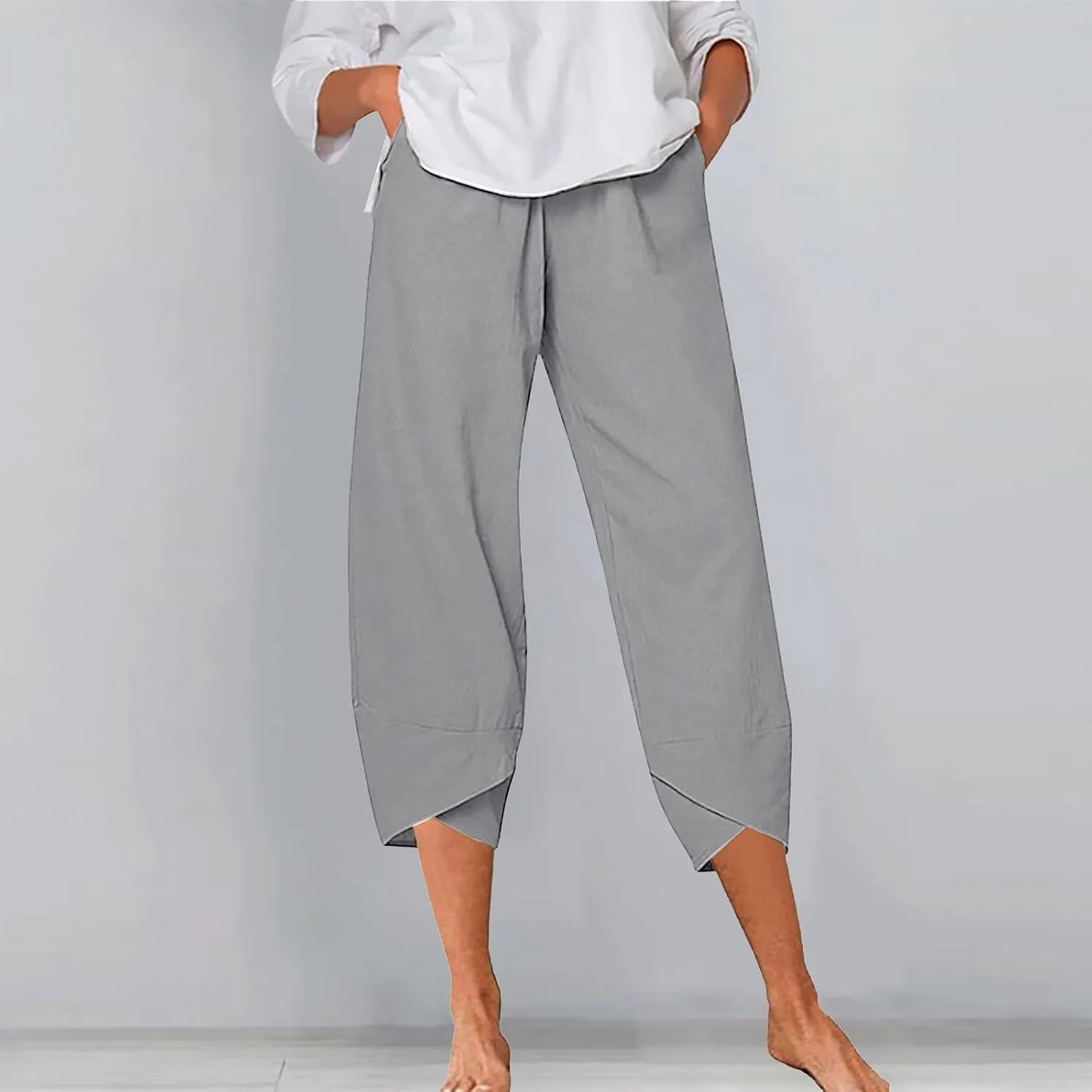 Women Linen Summer Y2K Fashion Palazzo Lounge Pants Elastic Waist Stretchy Loose Fit Trouser Business Work