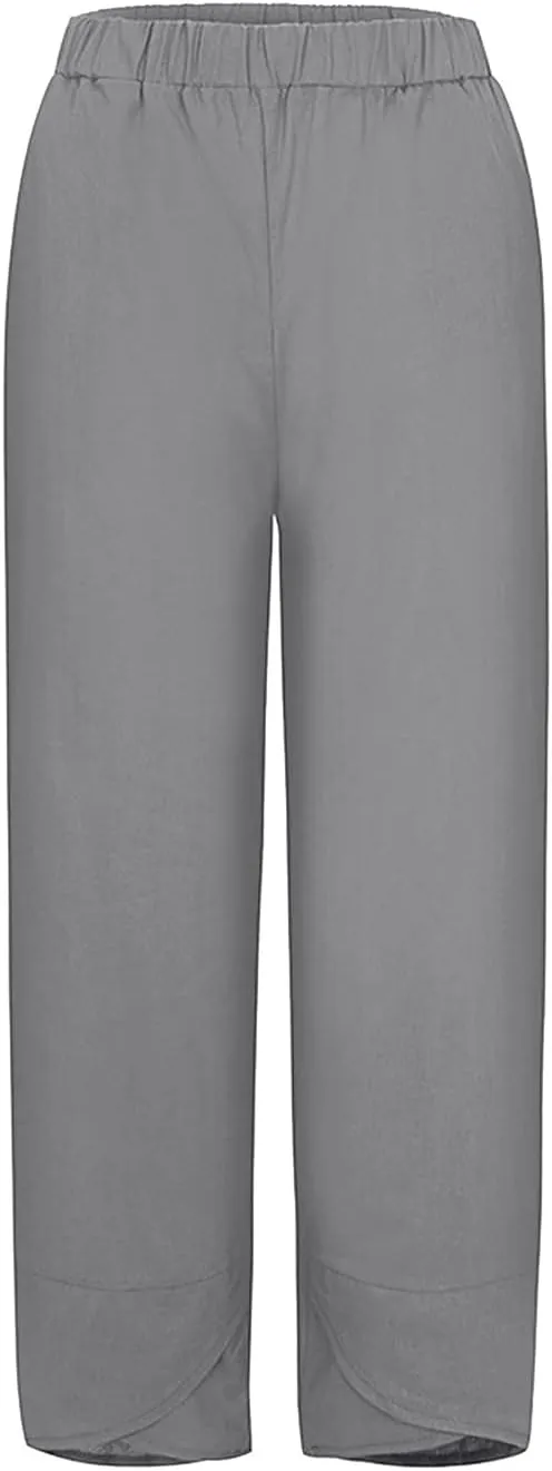 Women Linen Summer Y2K Fashion Palazzo Lounge Pants Elastic Waist Stretchy Loose Fit Trouser Business Work