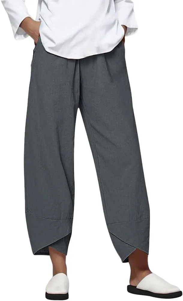 Women Loose Straight Casual Pants Cotton&Linen Pant with Irregular Legs Summer High Waist Trousers for Vacation Travel