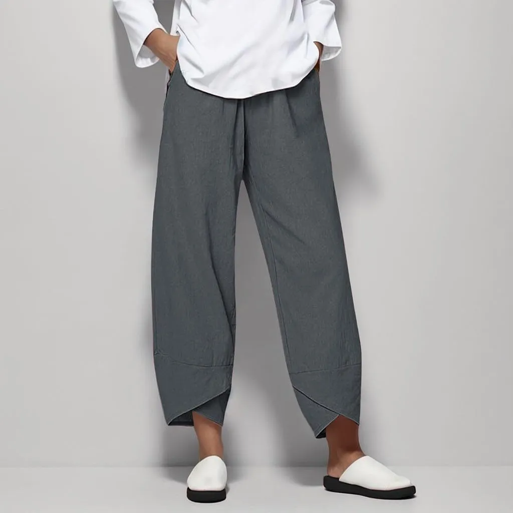 Women Loose Straight Casual Pants Cotton&Linen Pant with Irregular Legs Summer High Waist Trousers for Vacation Travel
