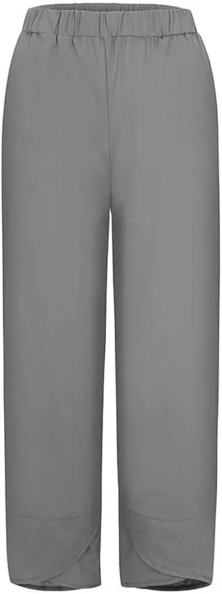 Women Loose Straight Casual Pants Cotton&Linen Pant with Irregular Legs Summer High Waist Trousers for Vacation Travel