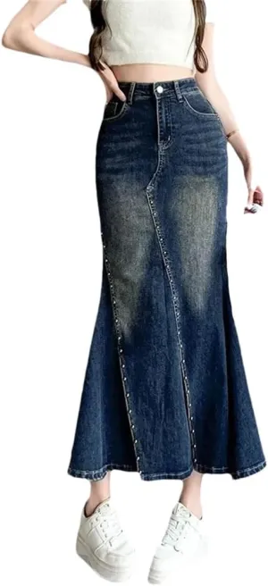 Women Medium-Length High-Waisted Denim Skirt Pearl Embellishment A- Line Hip Wrap Fish Tail Skirt
