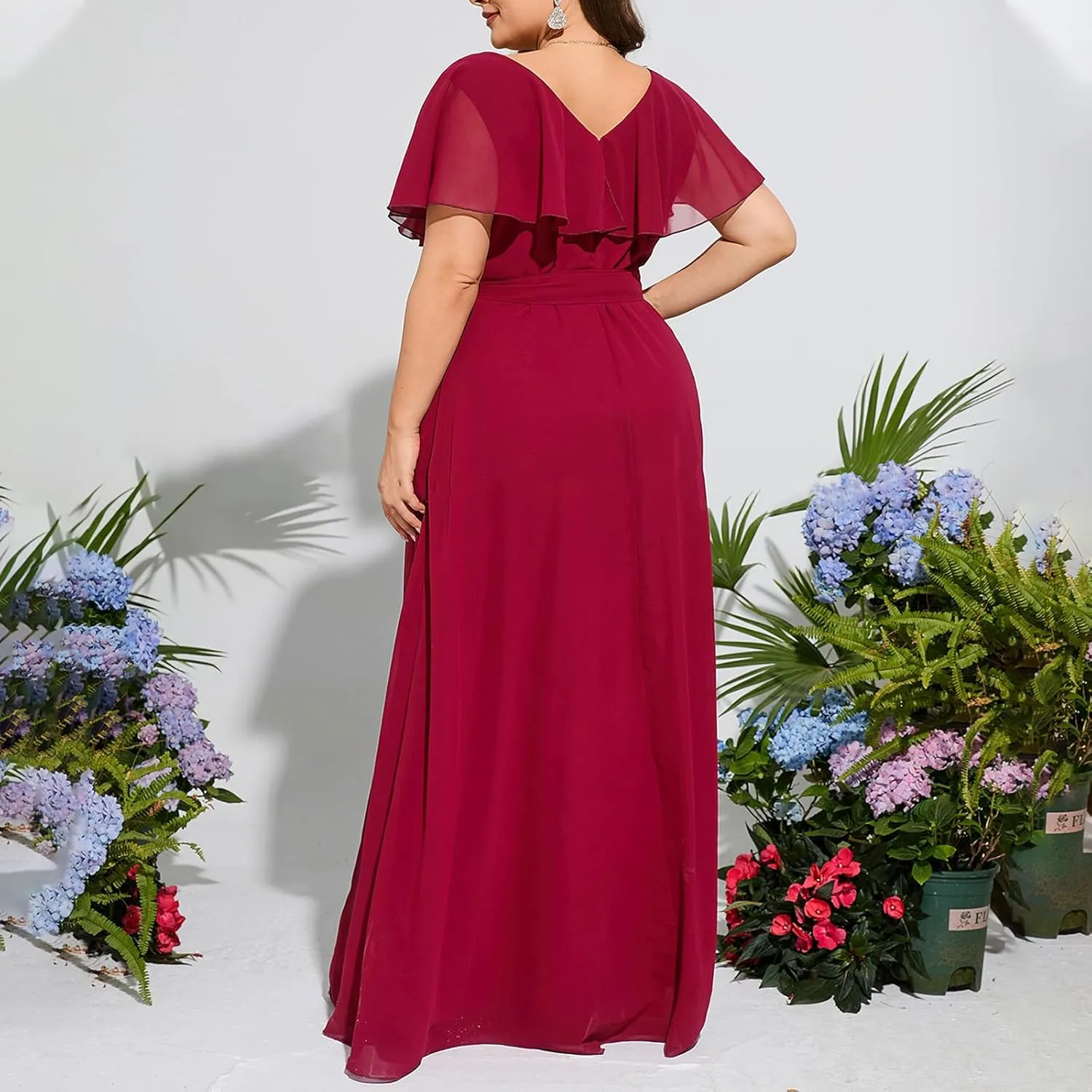 Women Ruffle Overlay Short Sleeve Gown Elegant Chiffon Belted High Waist Formal Dress Plus Size Maxi Evening Dresses