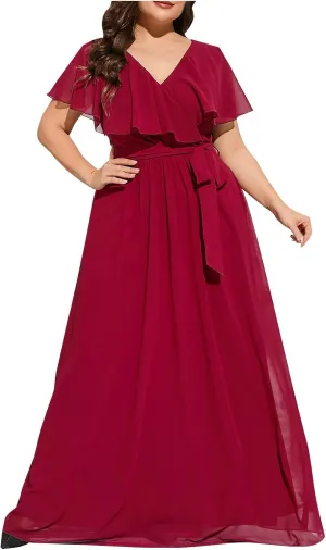 Women Ruffle Overlay Short Sleeve Gown Elegant Chiffon Belted High Waist Formal Dress Plus Size Maxi Evening Dresses
