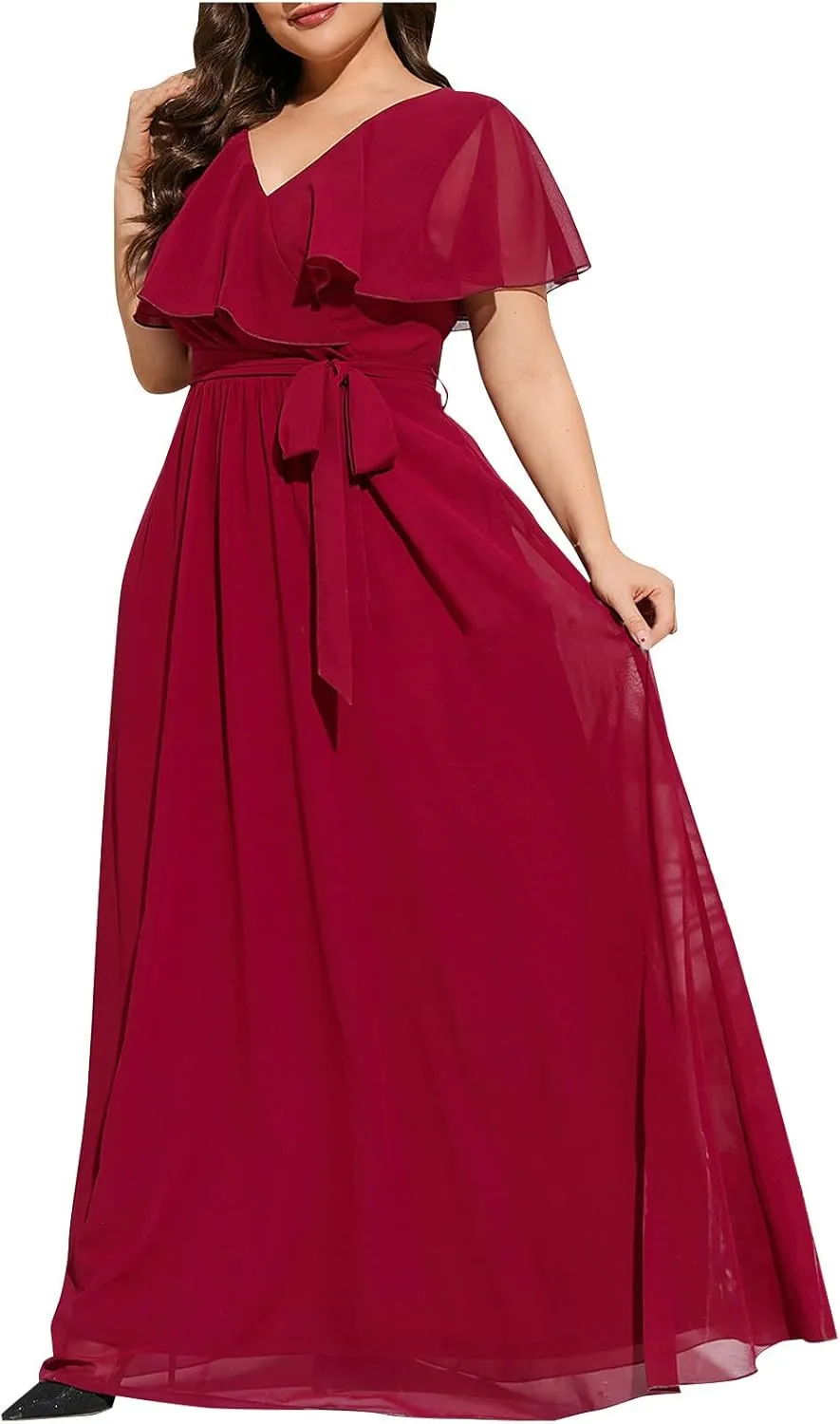 Women Ruffle Overlay Short Sleeve Gown Elegant Chiffon Belted High Waist Formal Dress Plus Size Maxi Evening Dresses