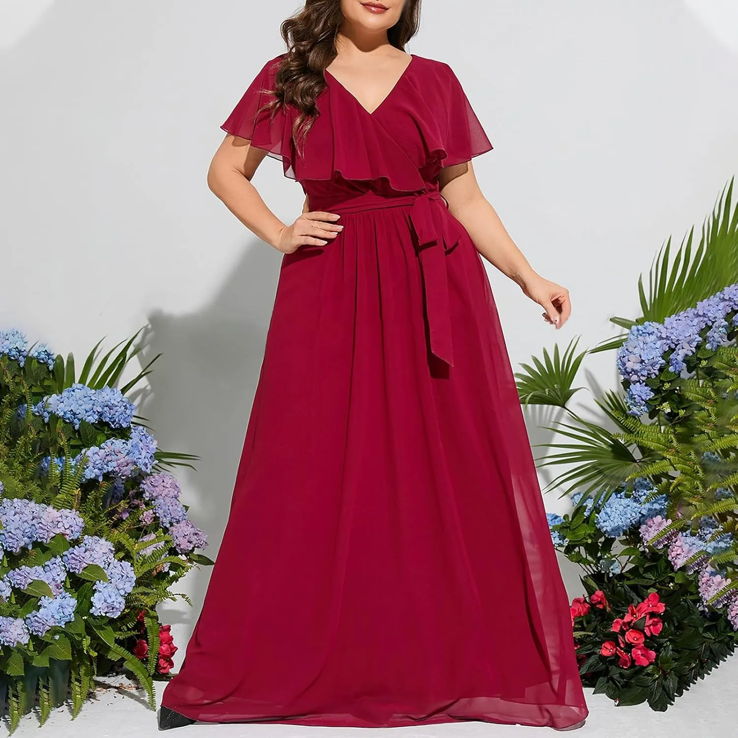 Women Ruffle Overlay Short Sleeve Gown Elegant Chiffon Belted High Waist Formal Dress Plus Size Maxi Evening Dresses