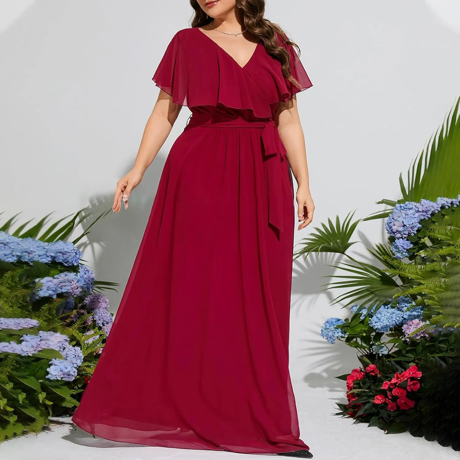 Women Ruffle Overlay Short Sleeve Gown Elegant Chiffon Belted High Waist Formal Dress Plus Size Maxi Evening Dresses