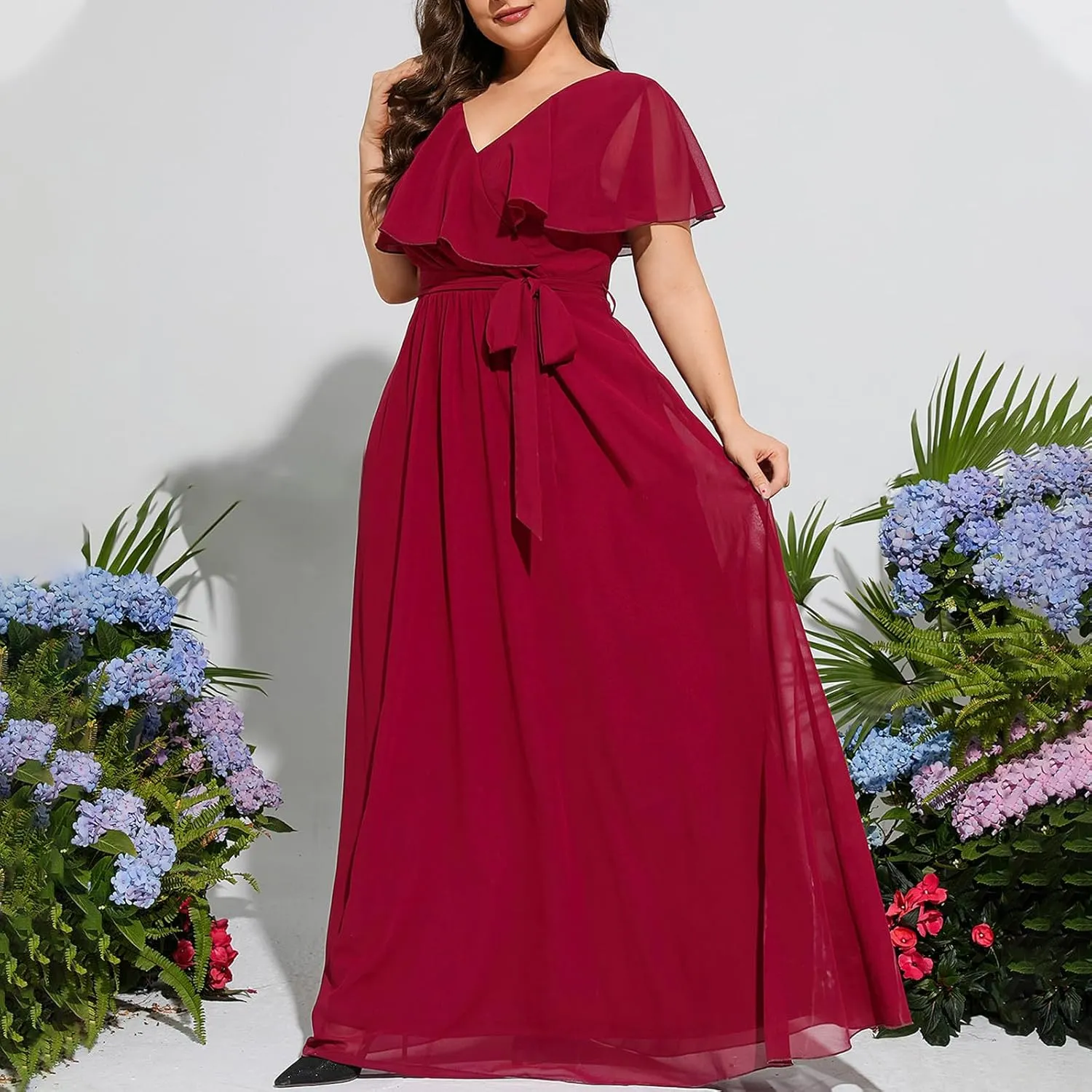 Women Ruffle Overlay Short Sleeve Gown Elegant Chiffon Belted High Waist Formal Dress Plus Size Maxi Evening Dresses