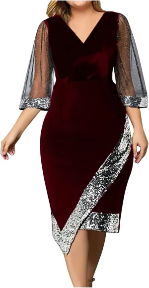 Women Sequin Mesh See Through 3/4 Sleeve Pencil Evening Dress Plus Size Wrap Glitter Velvet Patchwork Cocktail Gowns