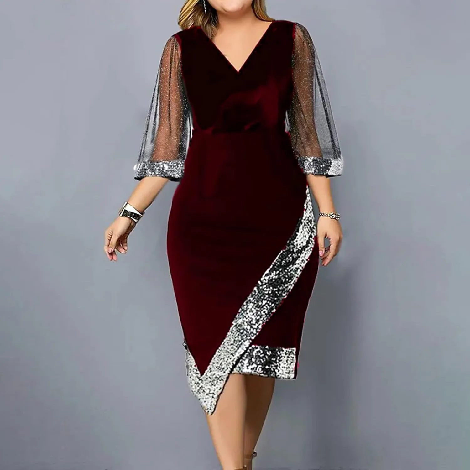 Women Sequin Mesh See Through 3/4 Sleeve Pencil Evening Dress Plus Size Wrap Glitter Velvet Patchwork Cocktail Gowns