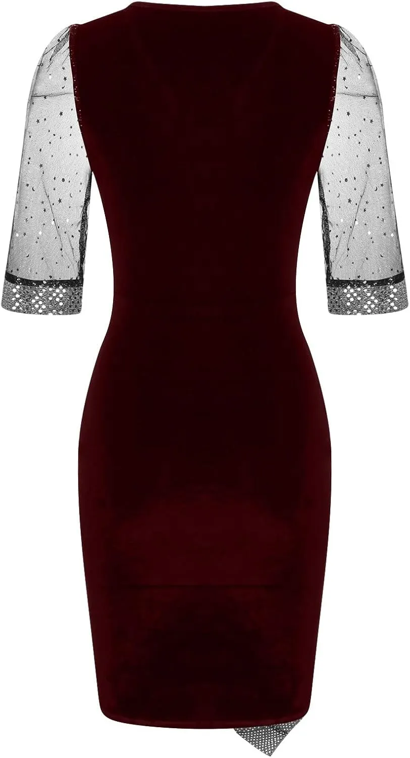 Women Sequin Mesh See Through 3/4 Sleeve Pencil Evening Dress Plus Size Wrap Glitter Velvet Patchwork Cocktail Gowns