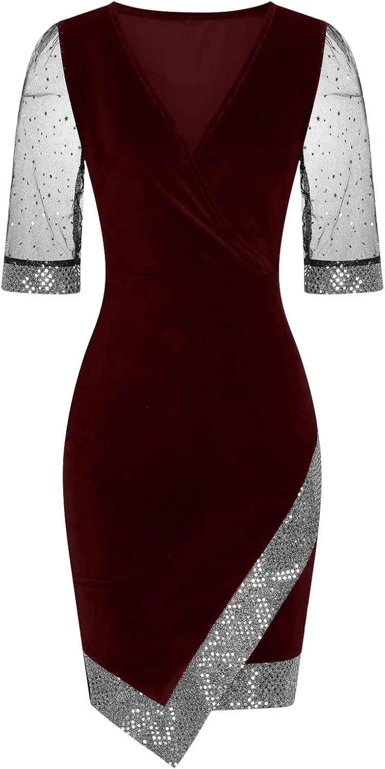 Women Sequin Mesh See Through 3/4 Sleeve Pencil Evening Dress Plus Size Wrap Glitter Velvet Patchwork Cocktail Gowns