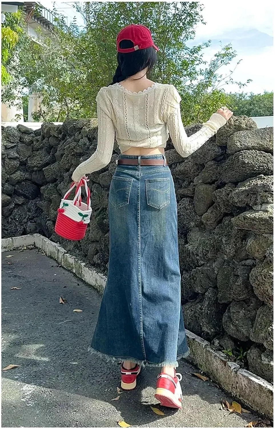 Women Vintage Fringe Denim Skirt High-Waisted Style Hip Covering Medium Length Skirt