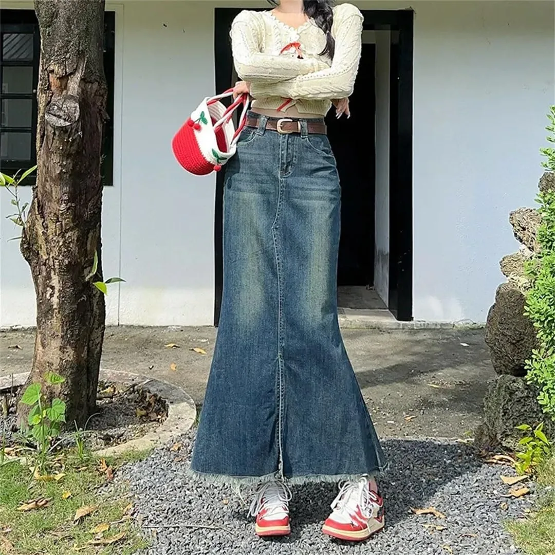 Women Vintage Fringe Denim Skirt High-Waisted Style Hip Covering Medium Length Skirt
