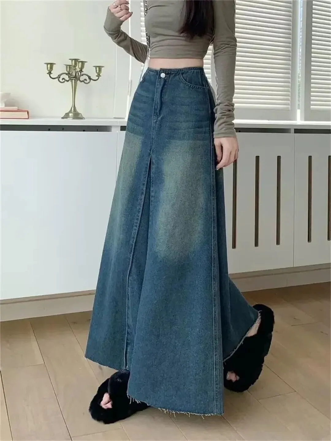 Women Vintage Washing Denim Skirt High-Waisted Slim A-Line Long Skirts Patchwork Style