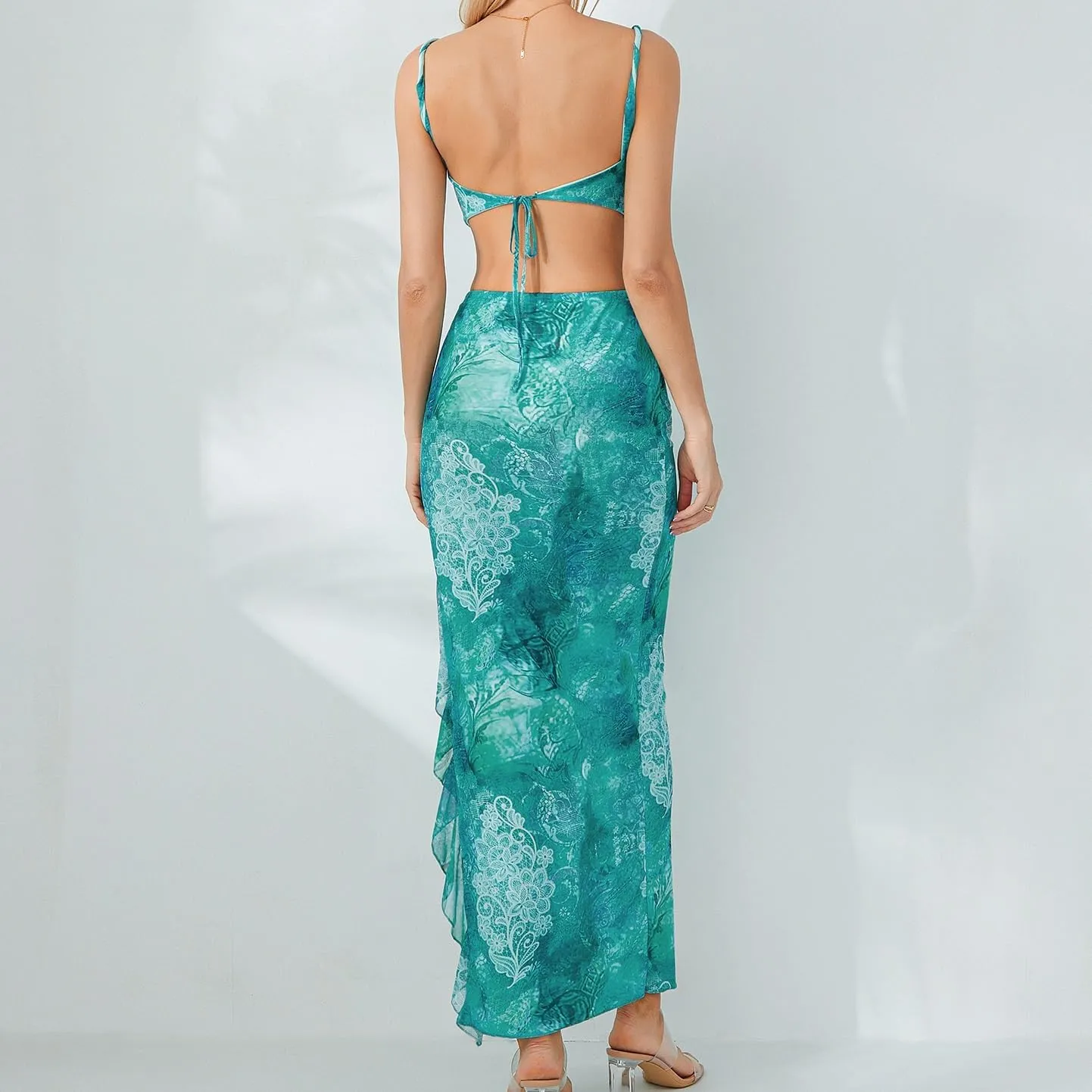 Women Y2k 2 Piece Maxi Skirts Set Halter Cami Crop Tops Ruffle Long Skirts Mesh Outfits Beachwear