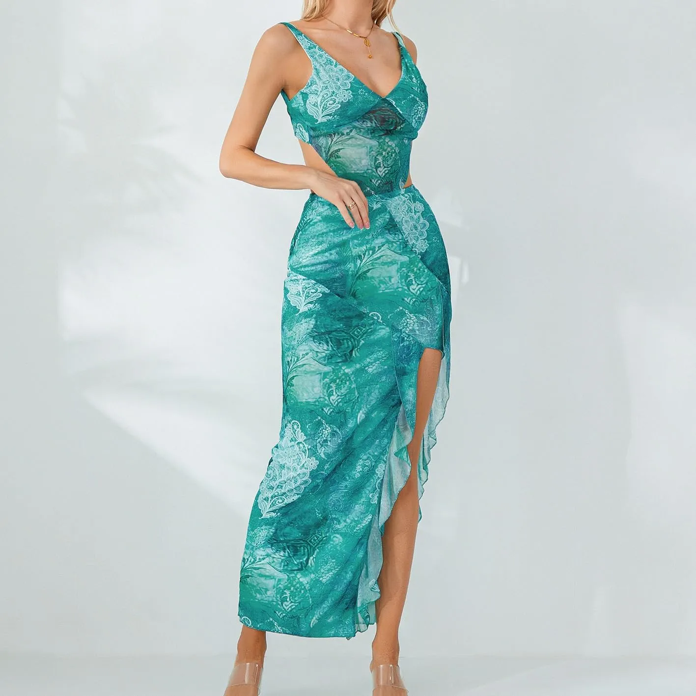 Women Y2k 2 Piece Maxi Skirts Set Halter Cami Crop Tops Ruffle Long Skirts Mesh Outfits Beachwear