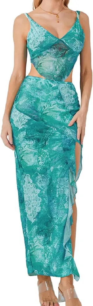 Women Y2k 2 Piece Maxi Skirts Set Halter Cami Crop Tops Ruffle Long Skirts Mesh Outfits Beachwear