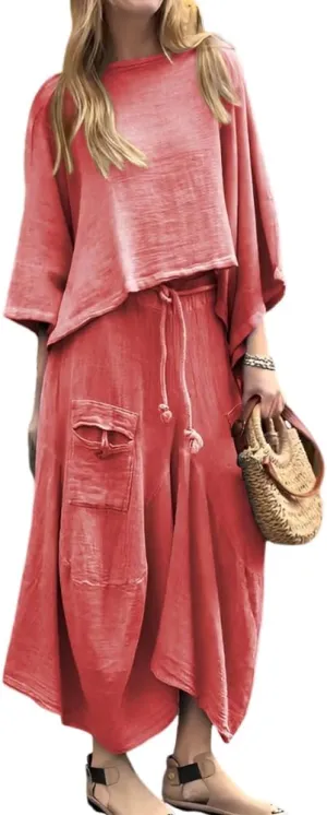 Womens 2 Piece Fall Outfits Oversized Batwing Long Sleeve Pullover Tops Lounge Irregular Maxi Skirt Sets with Pockets