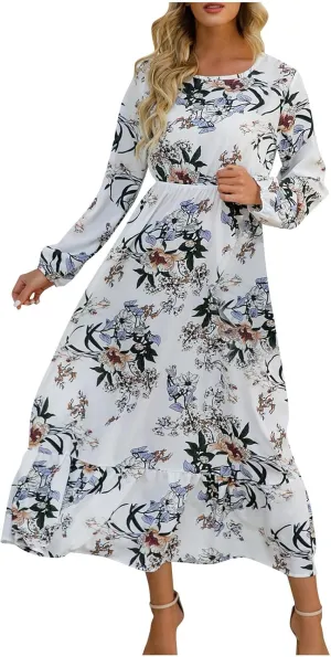 Womens 2024 Fall Dress Round Neck Long Puff Sleeve Floral Maxi Dress Fashion Smocked Ruffle Tiered Party Dress Flowy