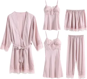 Women's 5 Piece Pajamas Sets Lace Sleep Robes Camisole Shorts Nightdress and Long Pants Casual Loose Loungewear Set