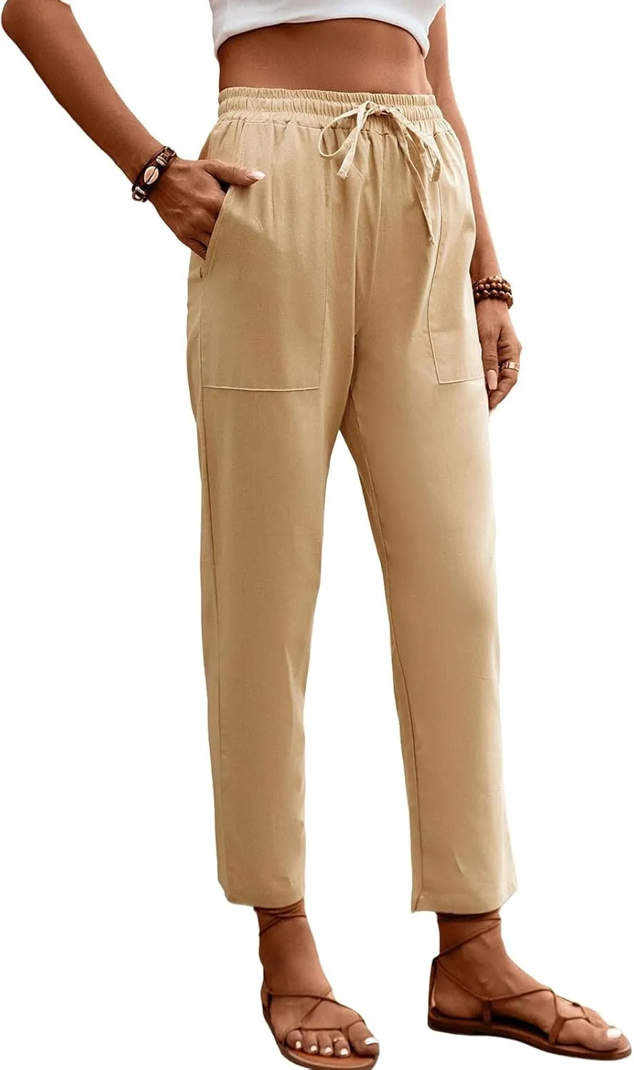 Womens Baggy Wide Leg Pants High Waist Adjustable Cotton Linen Lounge Beach Summer Trousers with Pockets
