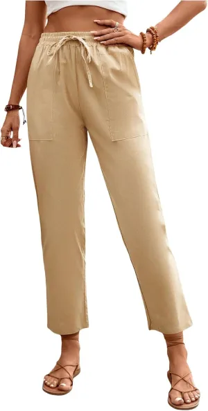 Womens Baggy Wide Leg Pants High Waist Adjustable Cotton Linen Lounge Beach Summer Trousers with Pockets