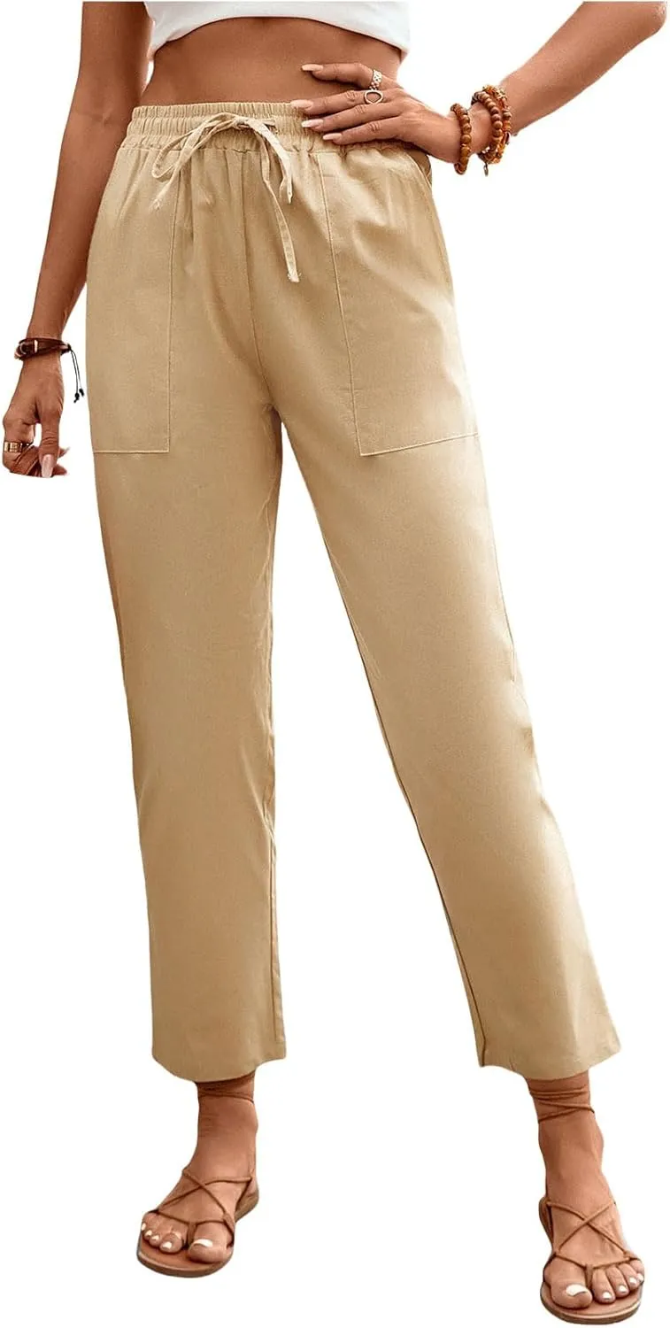 Womens Baggy Wide Leg Pants High Waist Adjustable Cotton Linen Lounge Beach Summer Trousers with Pockets