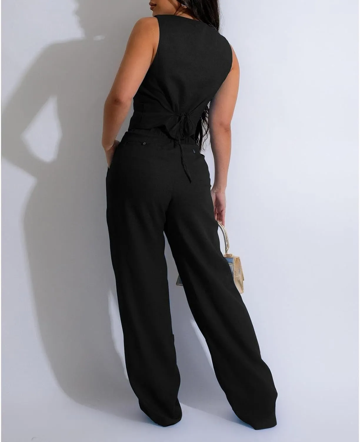 Womens Blazer Sets 2 Piece Outfits Linen Set V Neck Button Suit Vest Tops Wide Leg Pants with Pockets