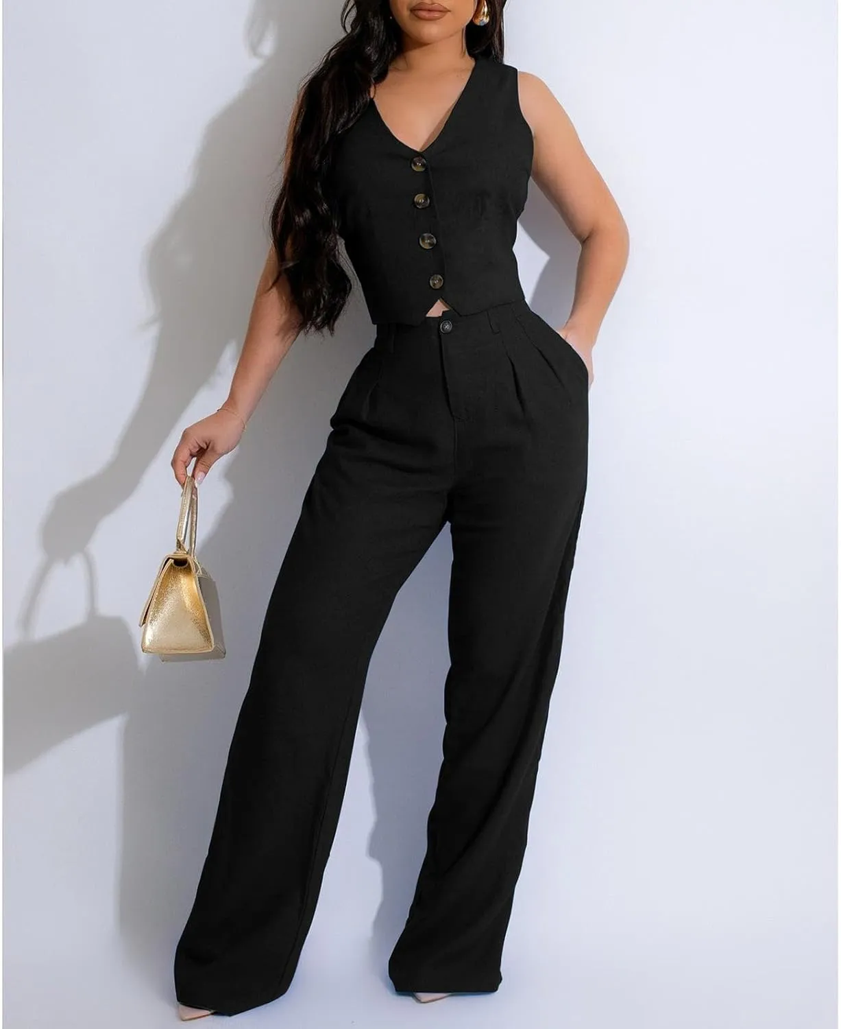 Womens Blazer Sets 2 Piece Outfits Linen Set V Neck Button Suit Vest Tops Wide Leg Pants with Pockets
