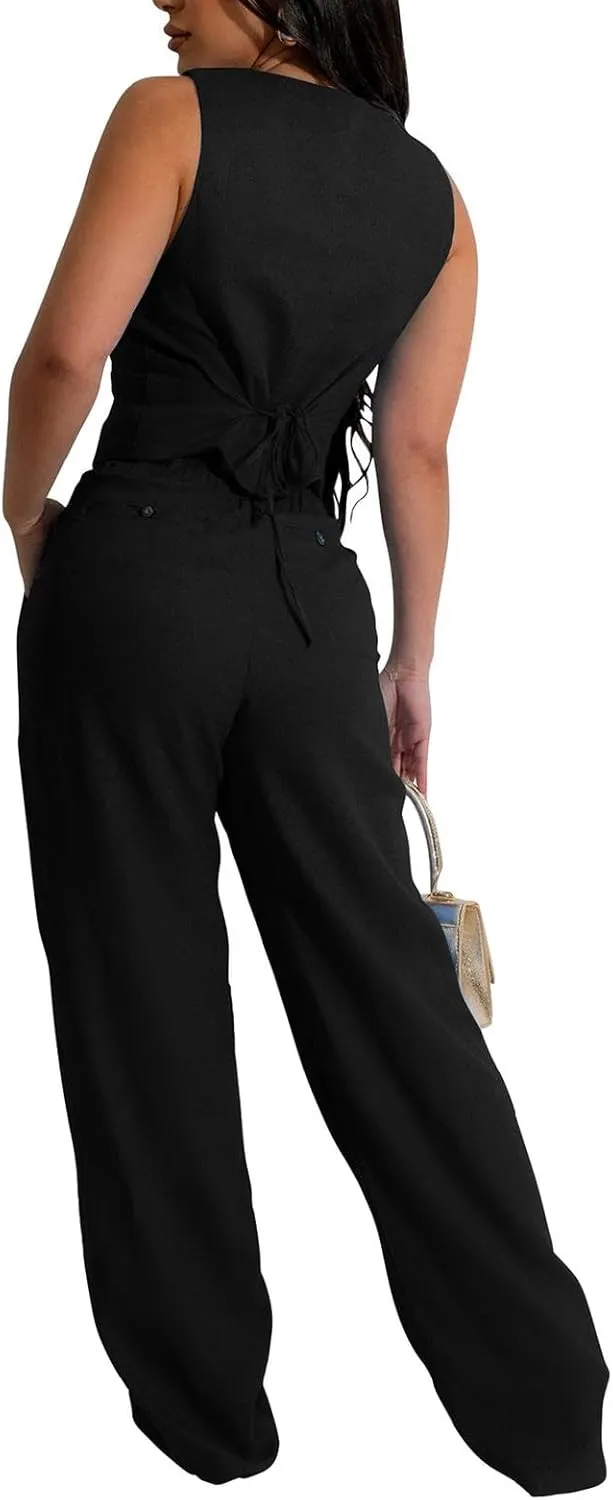 Womens Blazer Sets 2 Piece Outfits Linen Set V Neck Button Suit Vest Tops Wide Leg Pants with Pockets