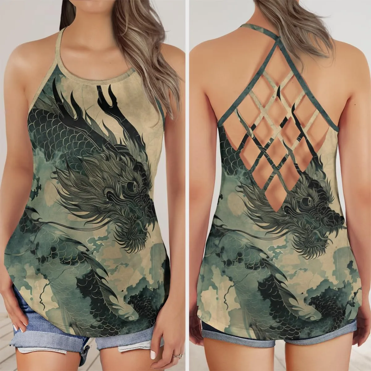 Women's Camisole Tank Tops - Chinese Dragon Spaghetti Strap Criss Cross Open Back Tank Summer Top for Women Series 14