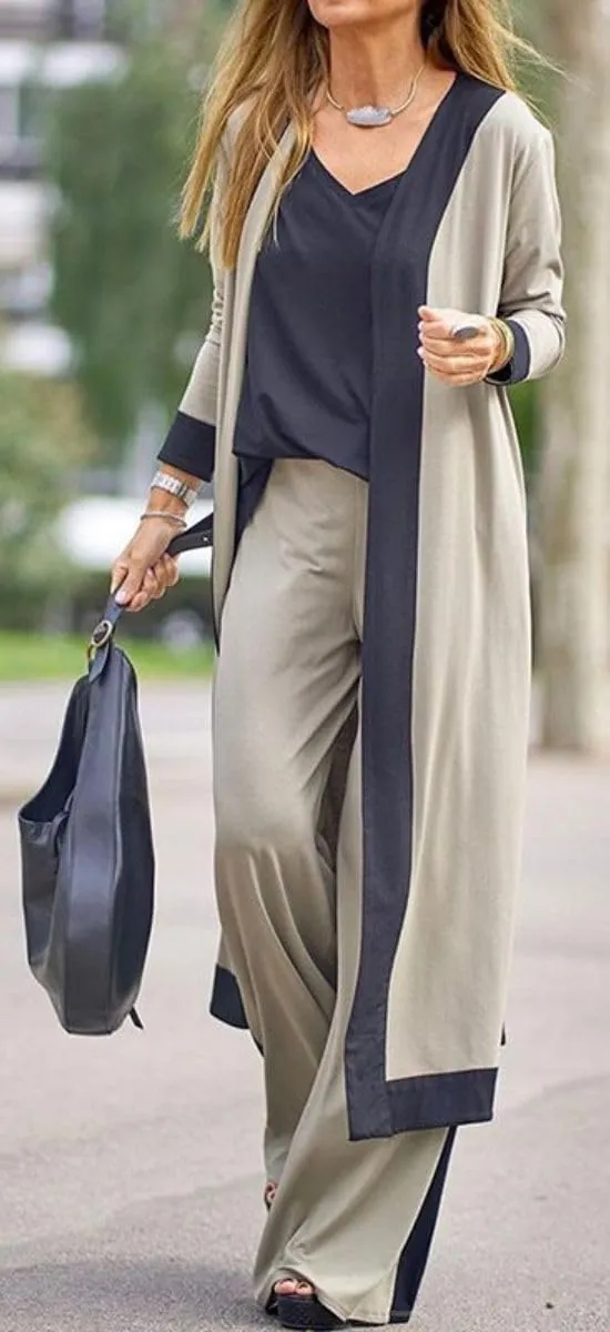 Women's Casual 3 Piece Lounge Sets Splicing Tank Tops Long Sleeve Cardigan Wide Leg Pants Sweatsuit