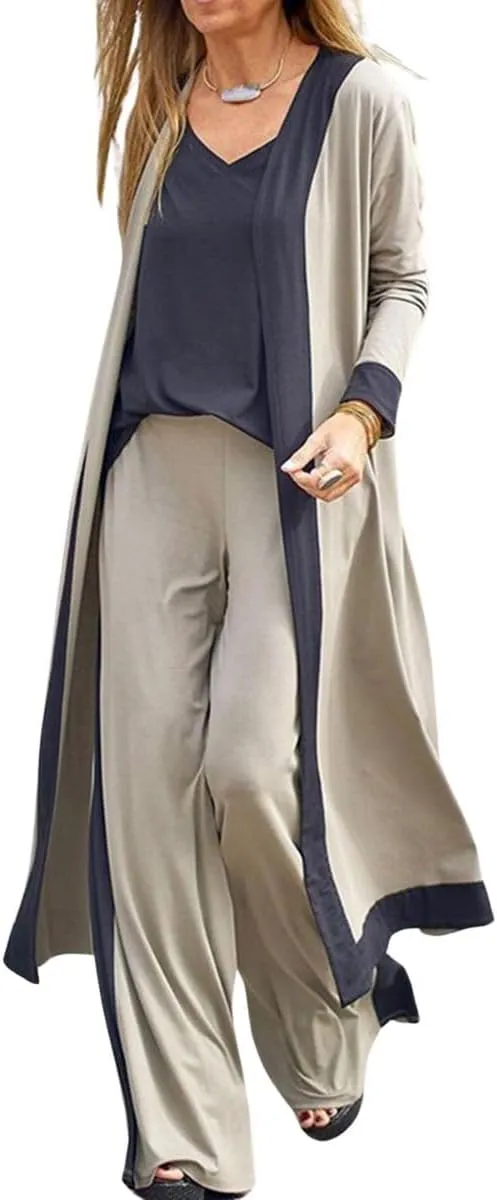 Women's Casual 3 Piece Lounge Sets Splicing Tank Tops Long Sleeve Cardigan Wide Leg Pants Sweatsuit